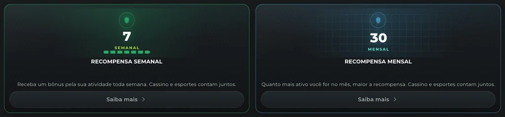 Página Bônus da Onza: cartões da recompensa semanal e da recompensa mensal, com cassino e esportes contando juntos