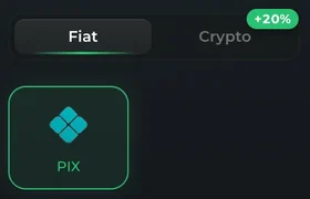 Caixa da Onza: abas Fiat e Crypto, com o selo +20% na aba Crypto, e o bloco de pagamento Pix